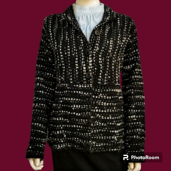 CHARTER CLUB Monochrome Marled Tweed Preppy Cardigan Peplum Sweater - Picture 1 of 7